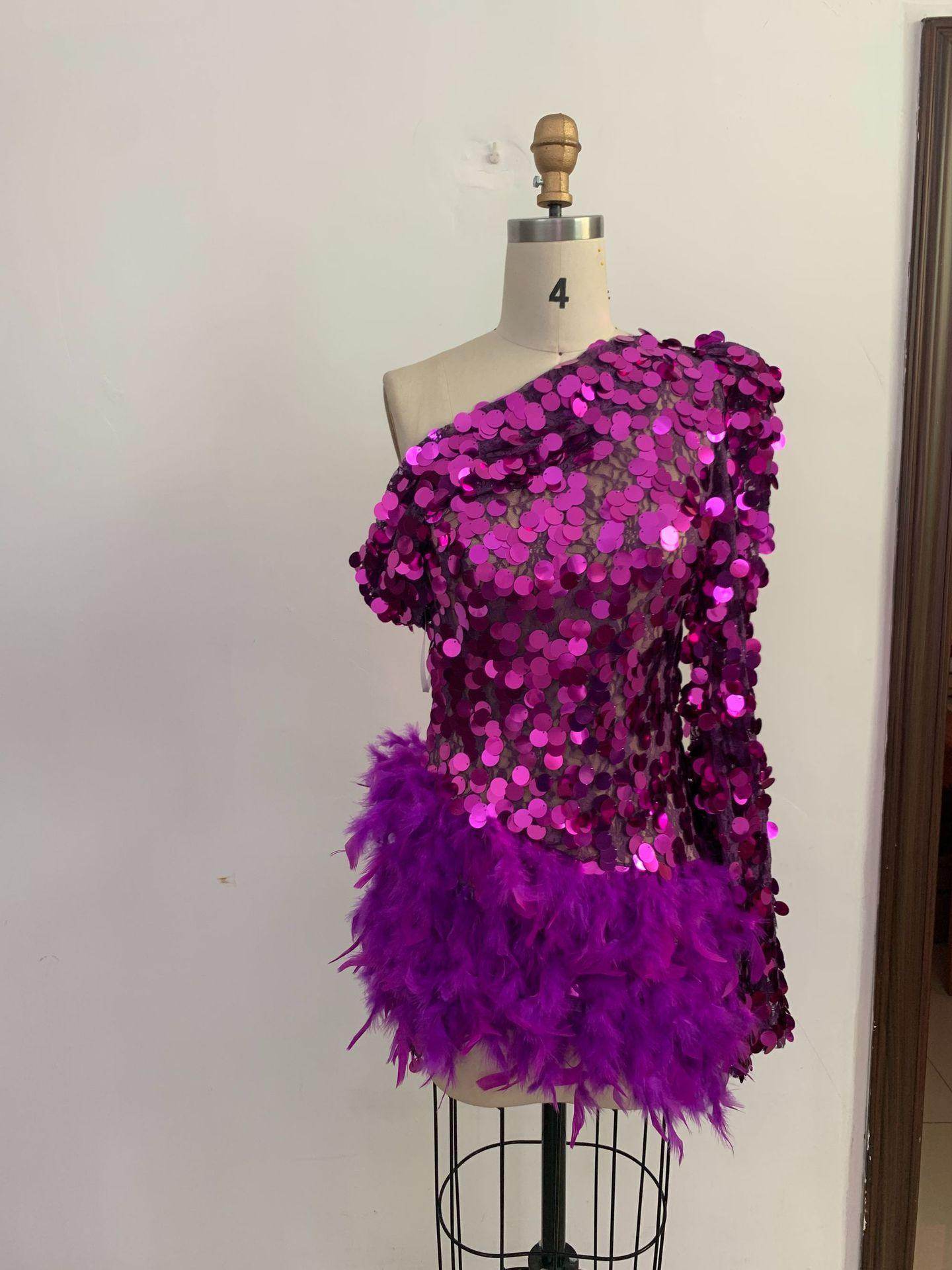 Sequined Feather Skirt One-shoulder Sleeve Short Dress Luxury Party Stage Performance Dress - Magellan Fashion Shop