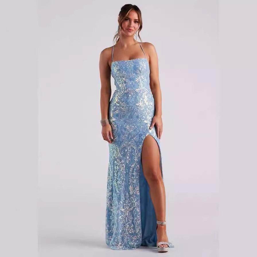 Off-neck Sequined Floor-length Evening Elegant Slit Banquet Party Dress - Magellan Fashion Shop