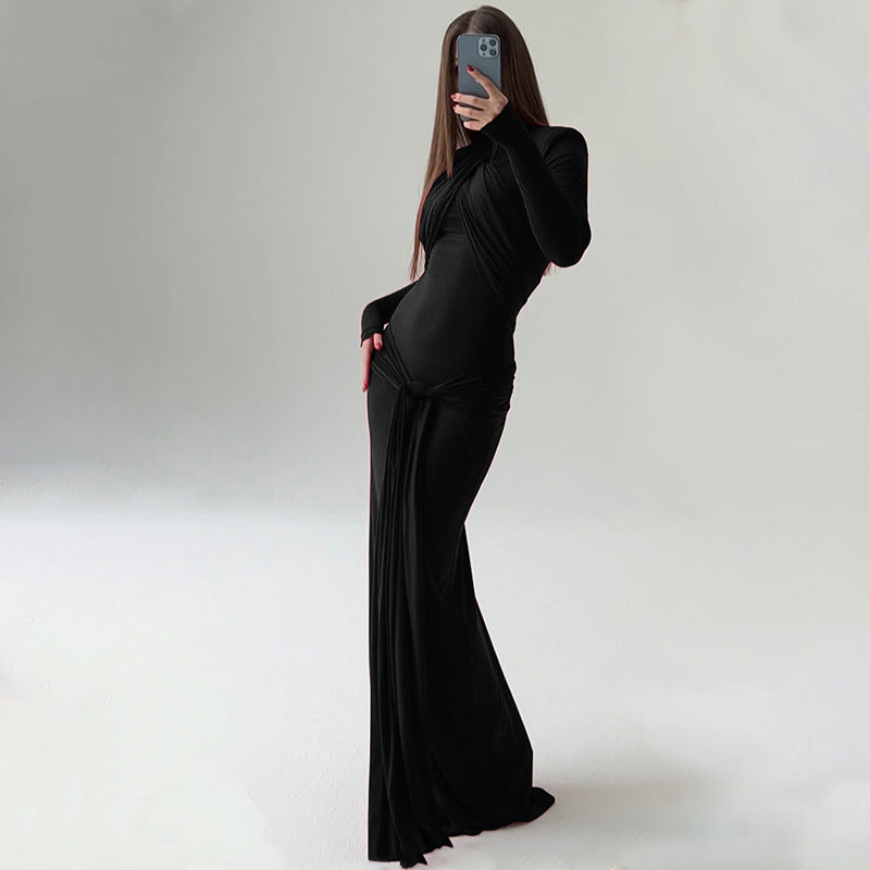 Cinched Waist Slim-fit Long Sleeve Padded Shoulder Long Elegant Dress
