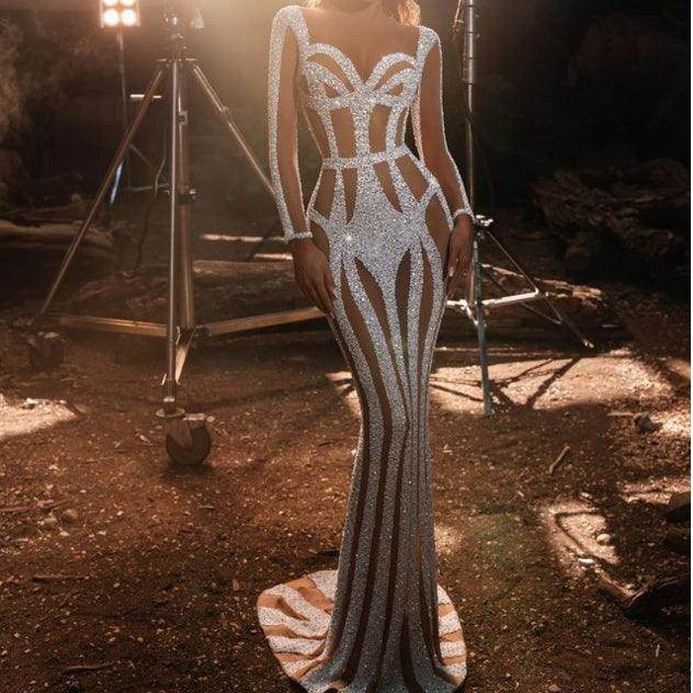 Women's Sprinkled Gold Banquet Dress Package Hip Fishtail Evening Dress - Magellan Fashion Shop