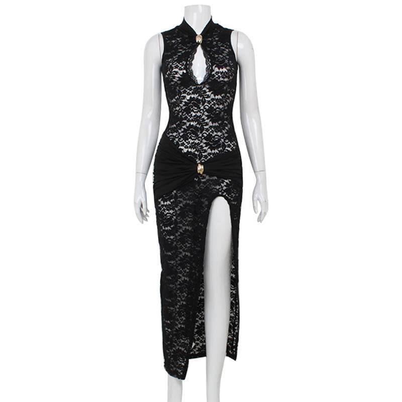 Sexy Hollow Out Lace Sleeveless Slim Fit High Slit Dress - Magellan Fashion Shop