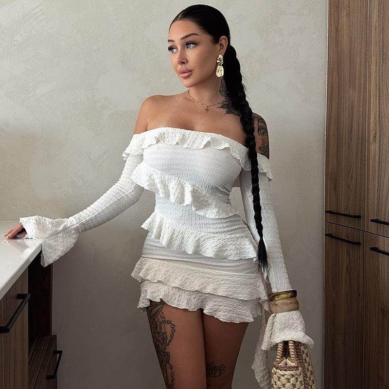Fashion Tube Top Off Shoulder Ruffled Flare Sleeve Dress - Magellan Fashion Shop