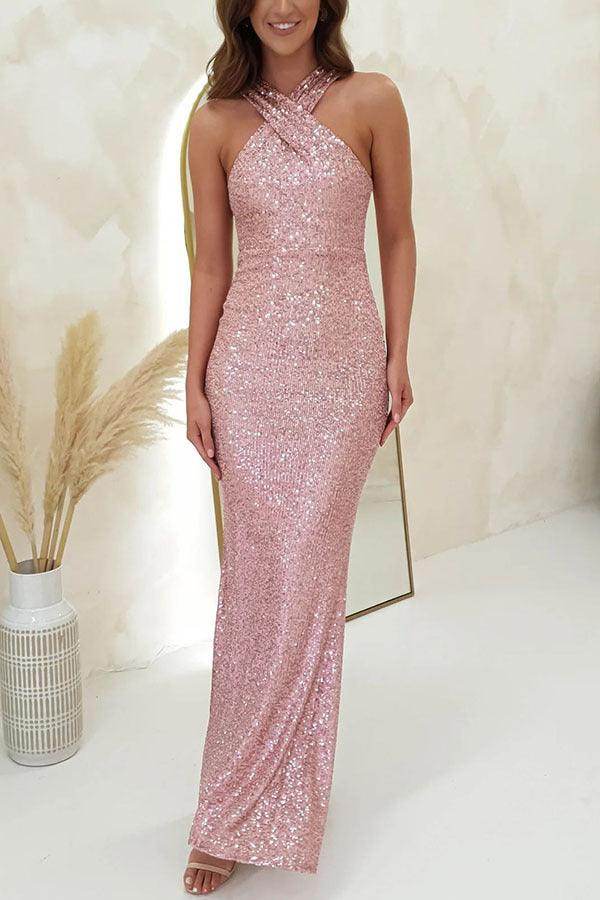 Fashionable Multicolor Halter Sleeveless Sequins Sequin Dress - Magellan Fashion Shop