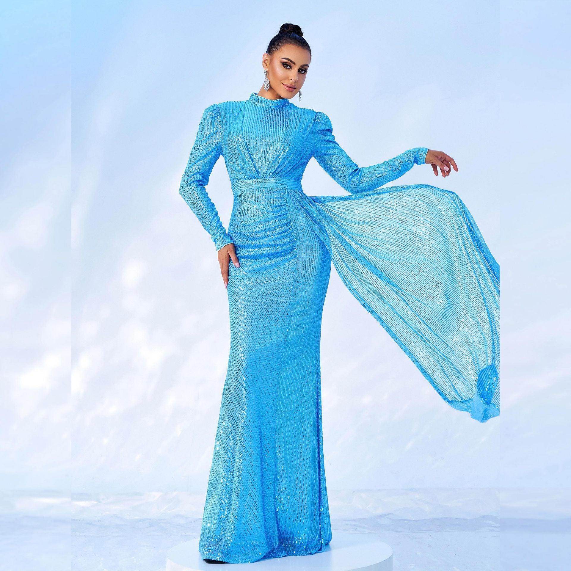 Long Sleeve Round Neck Sexy Slim Long Sequined Banquet Dress - Magellan Fashion Shop
