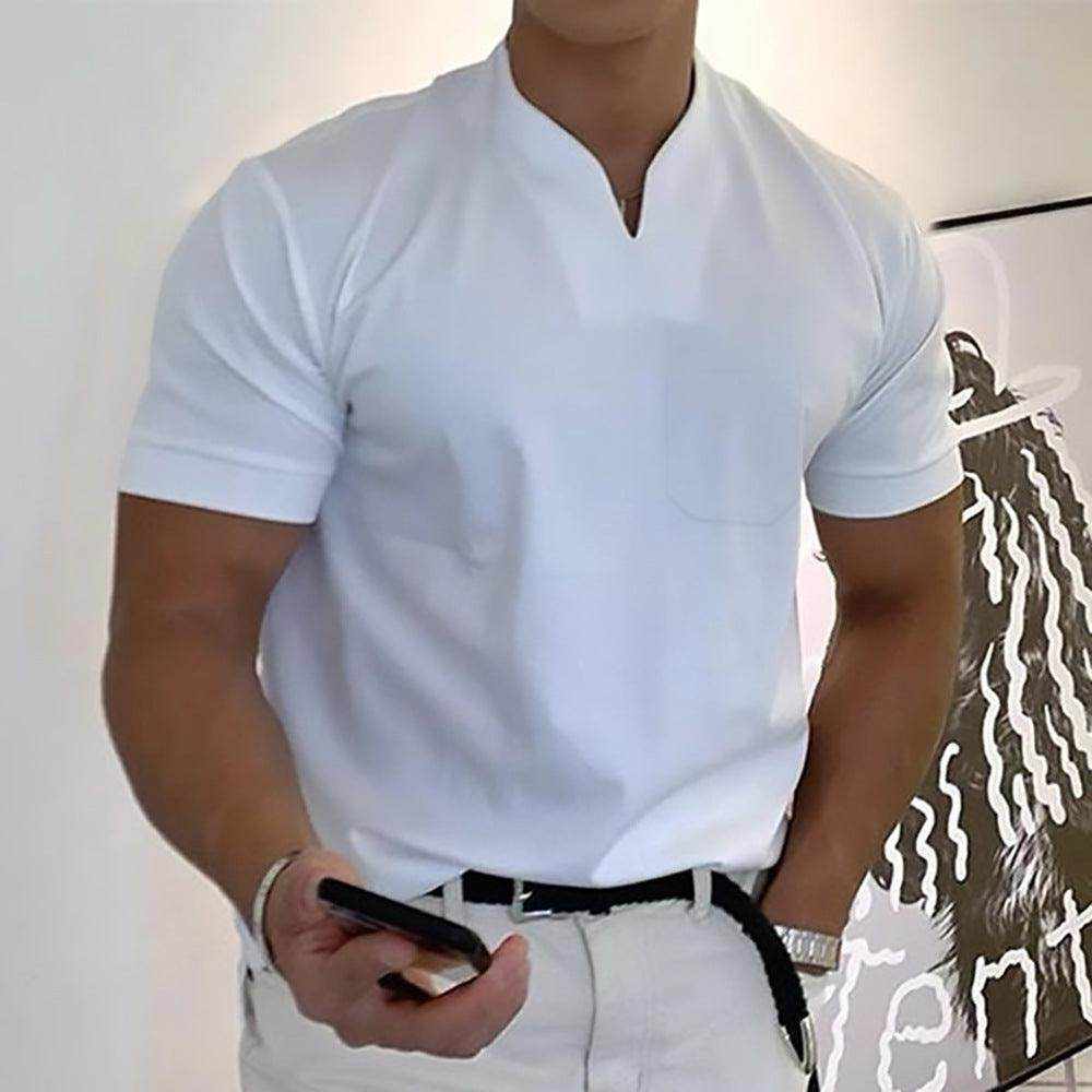 Men's summer short sleeve shirt with pocket, loose fit, and stand collar in multiple colors