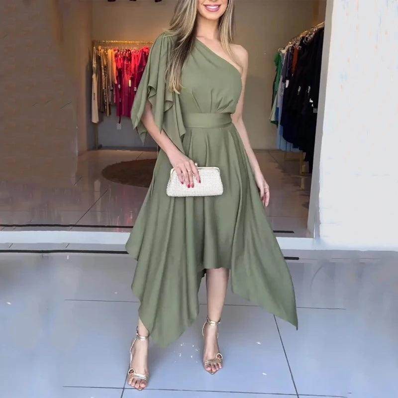 Slant Shoulder Thin Waist Solid Color Irregular Hem Dress - Magellan Fashion Shop