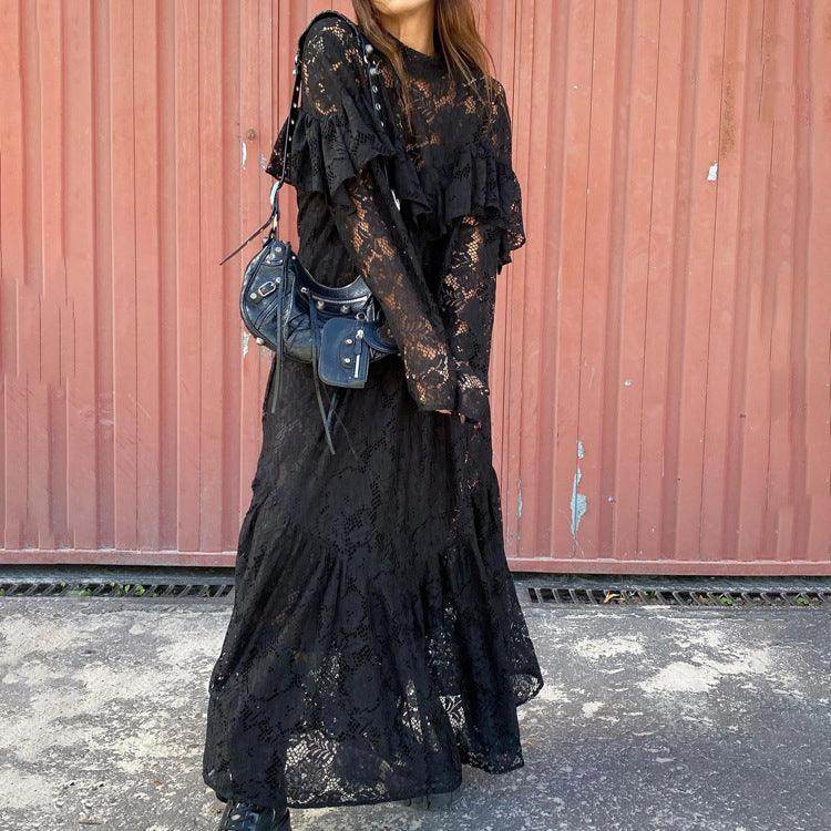Sexy Lace Pattern Hollow Out See-through Round-neck Long-sleeved Dress - Magellan Fashion Shop