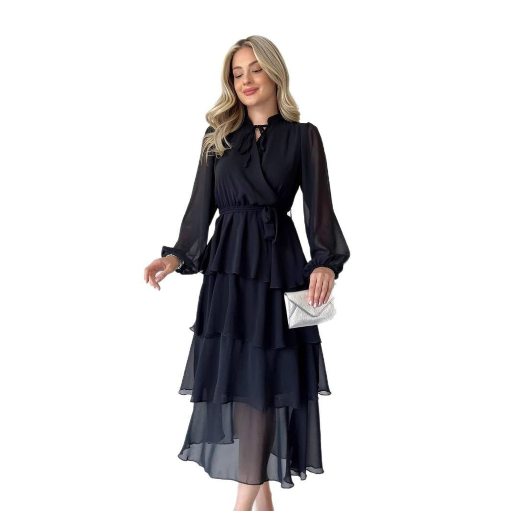 Solid Color Long Sleeve Lace-up Elegant Dress - Magellan Fashion Shop