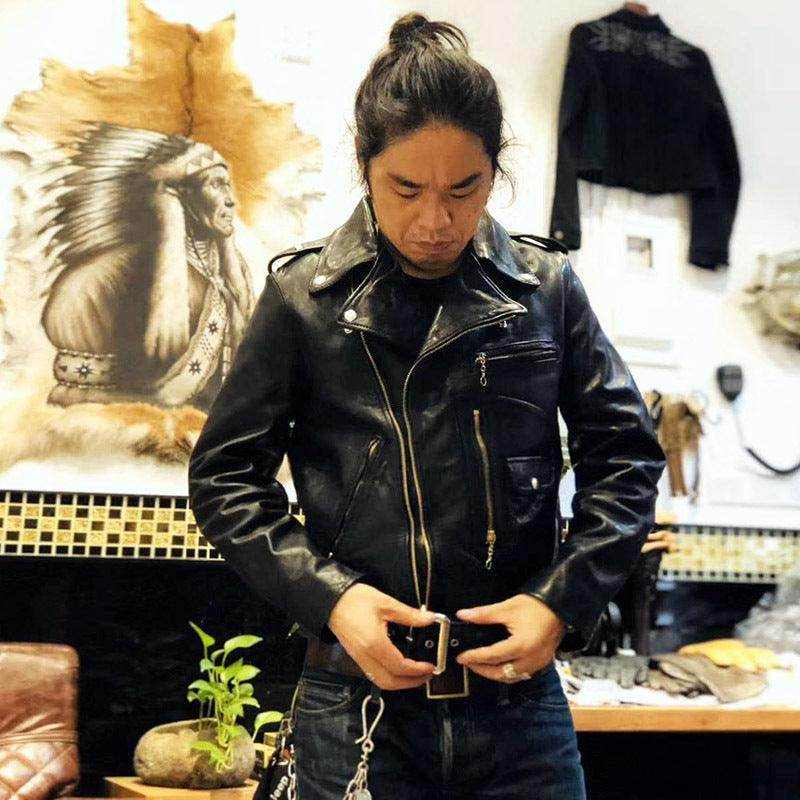 Men's black horse leather motorcycle jacket with acetate lining and plain pattern