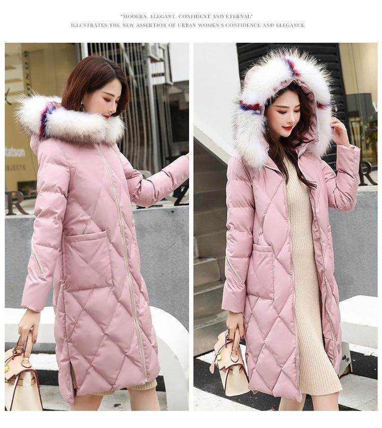 Black autumn and winter hooded fur collar long coat with tailored fit and deep pockets