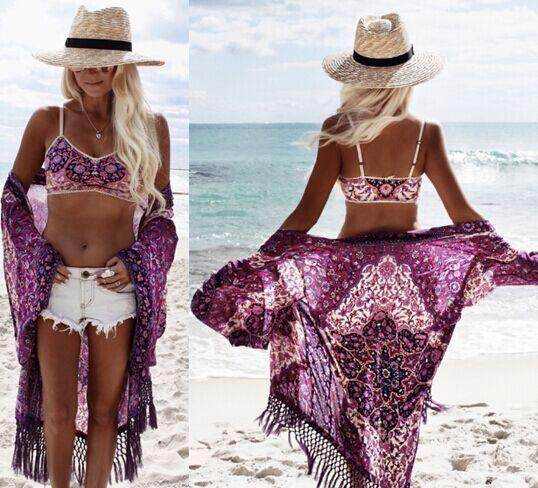 Chiffon Beach Resort Wear purple floral bikini set with lightweight fabric for elegant beach style