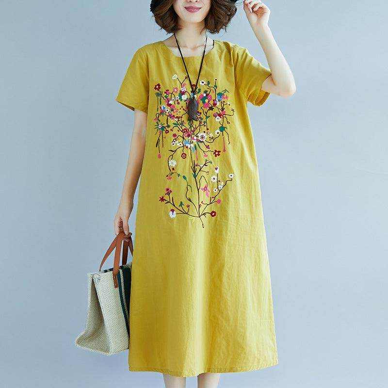 Yellow ethnic style embroidered cotton linen medium length dress with floral design