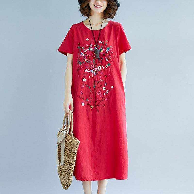 Red ethnic style embroidered cotton linen medium length dress with floral design