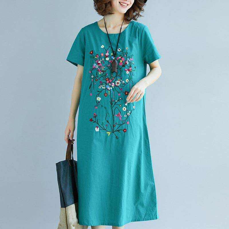 Ethnic style embroidered cotton linen medium length teal dress with floral design and short sleeves
