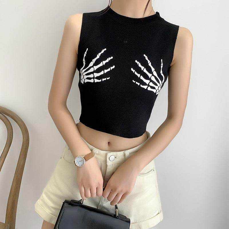 Black sleeveless t-shirt with stylish short print design in multiple colors