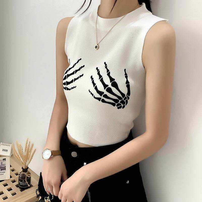 Black sleeveless T-shirt with stylish short print available in multiple colors and one size.