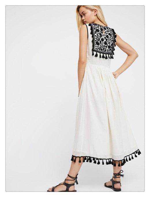 Bohemian Embroidered Floral Fringe Sleeveless Vest Dress - Magellan Fashion Shop