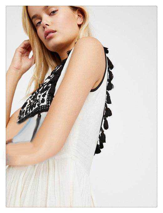 Bohemian Embroidered Floral Fringe Sleeveless Vest Dress - Magellan Fashion Shop
