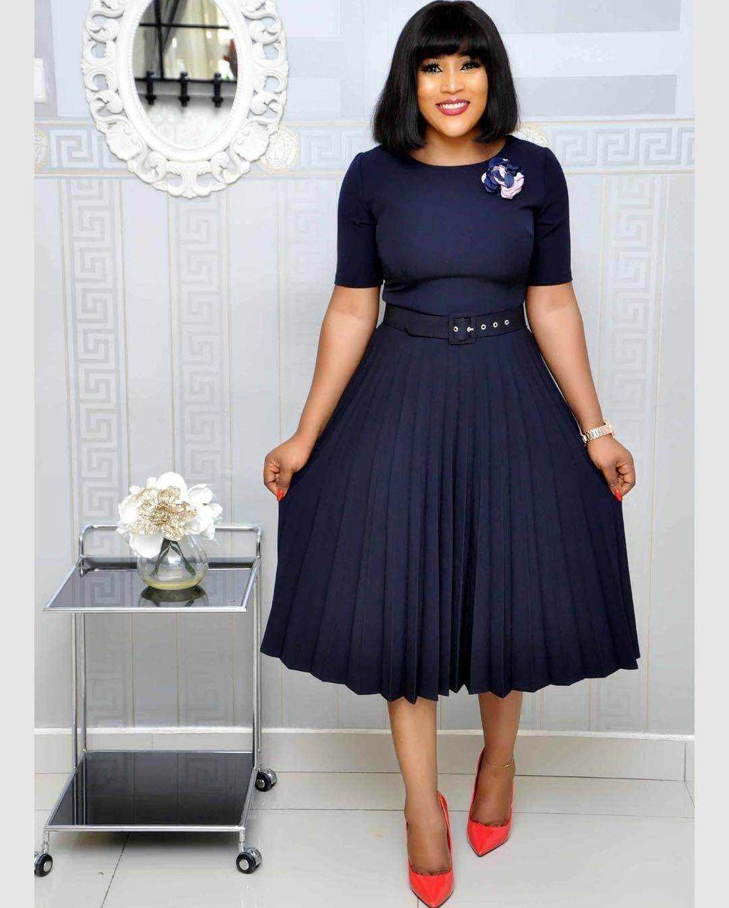 Round Neck Plus Size Mother's Dress Female Pleated Dress - Magellan Fashion Shop