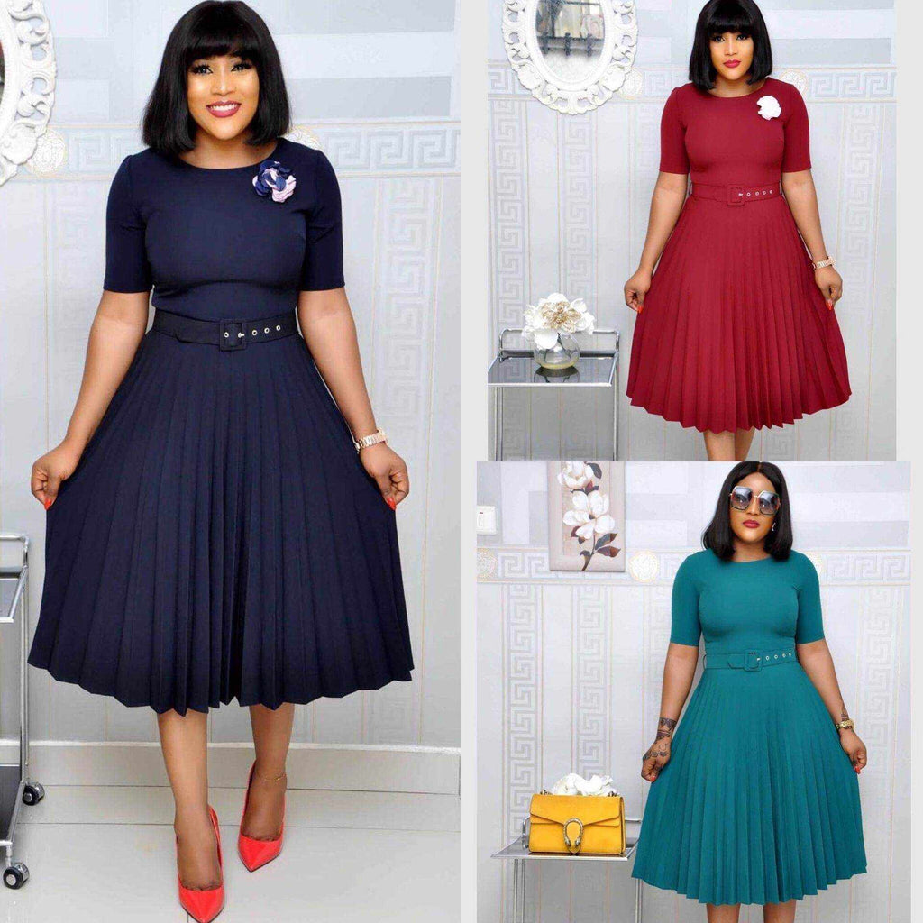 Round Neck Plus Size Mother's Dress Female Pleated Dress - Magellan Fashion Shop