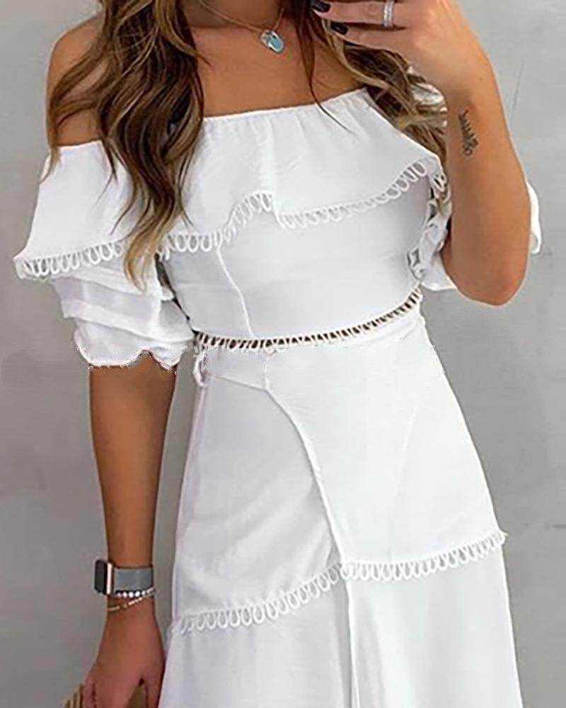 White off shoulder half sleeve ankle-length patchwork pullover women's dress in cotton and polyester blend
