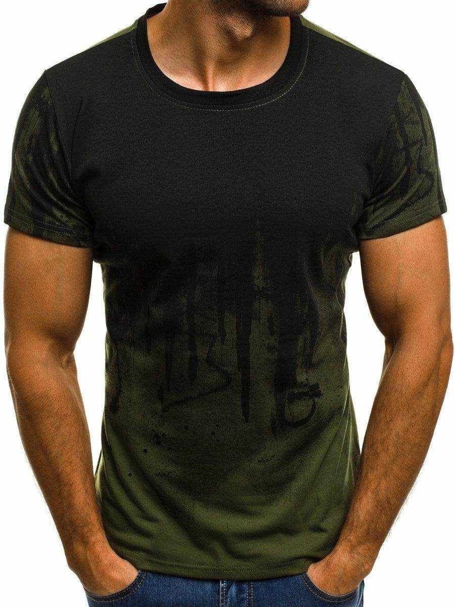 Men's black and red gradient fitness compression t-shirt with camouflage pattern, slim fit, hemp blend fabric.