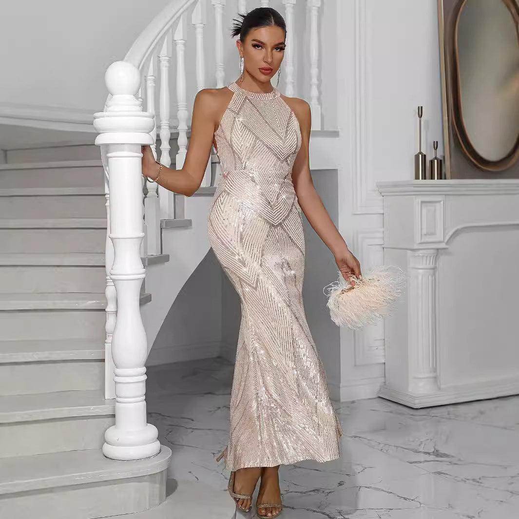 Women's Wear Sequins Dress Round Neck Off-shoulder Backless - Magellan Fashion Shop
