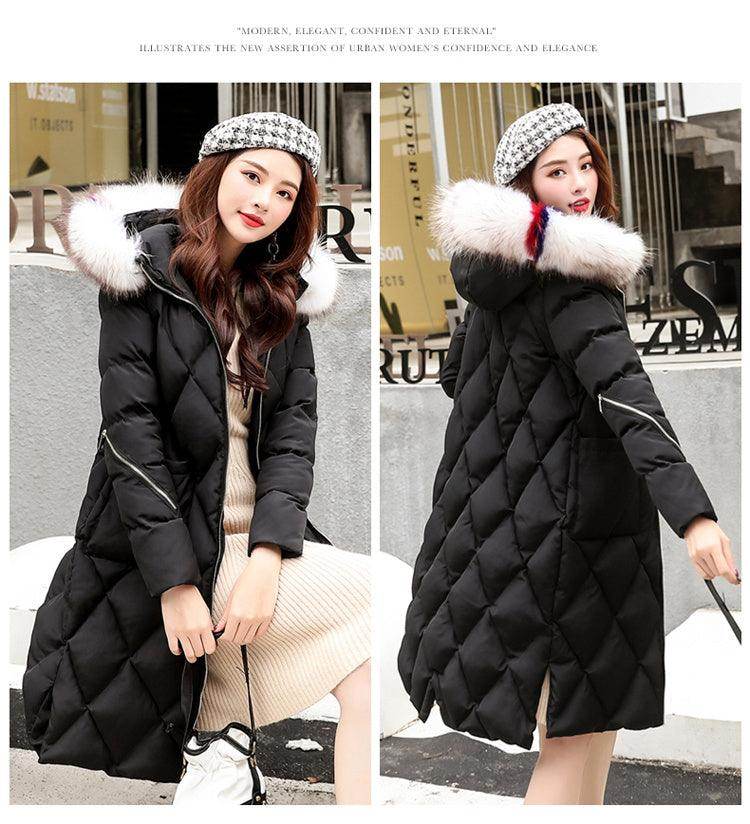 Black autumn and winter hooded fur collar long coat with tailored fit and deep pockets