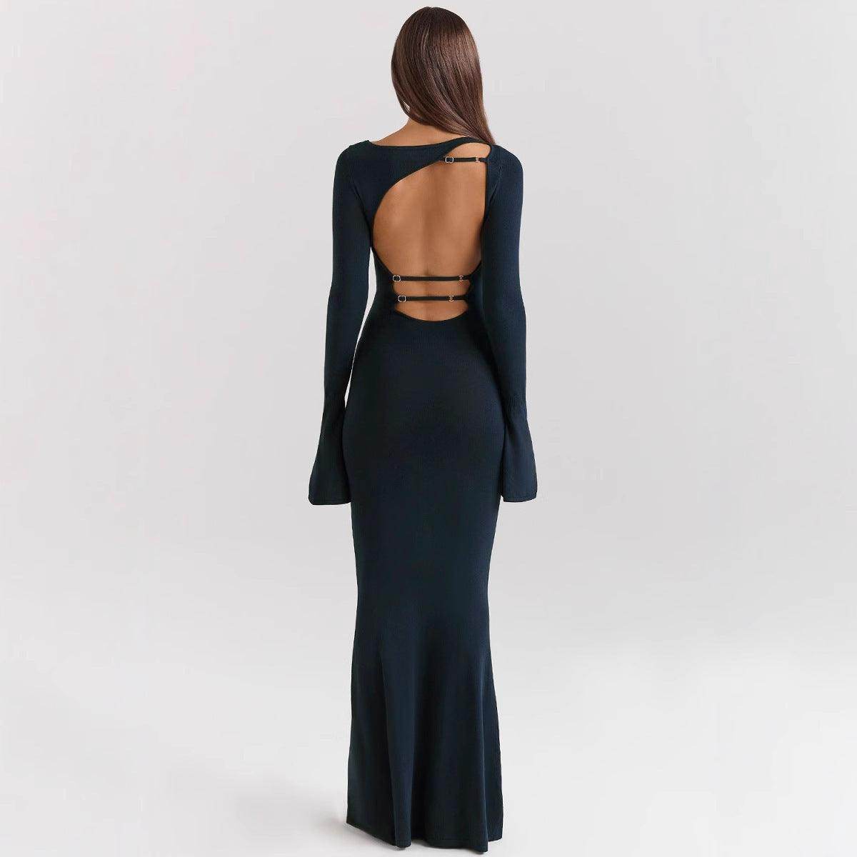 Solid Color Long Fashionable Elegant Backless Slim Fit Long Sleeve Dress - Magellan Fashion Shop