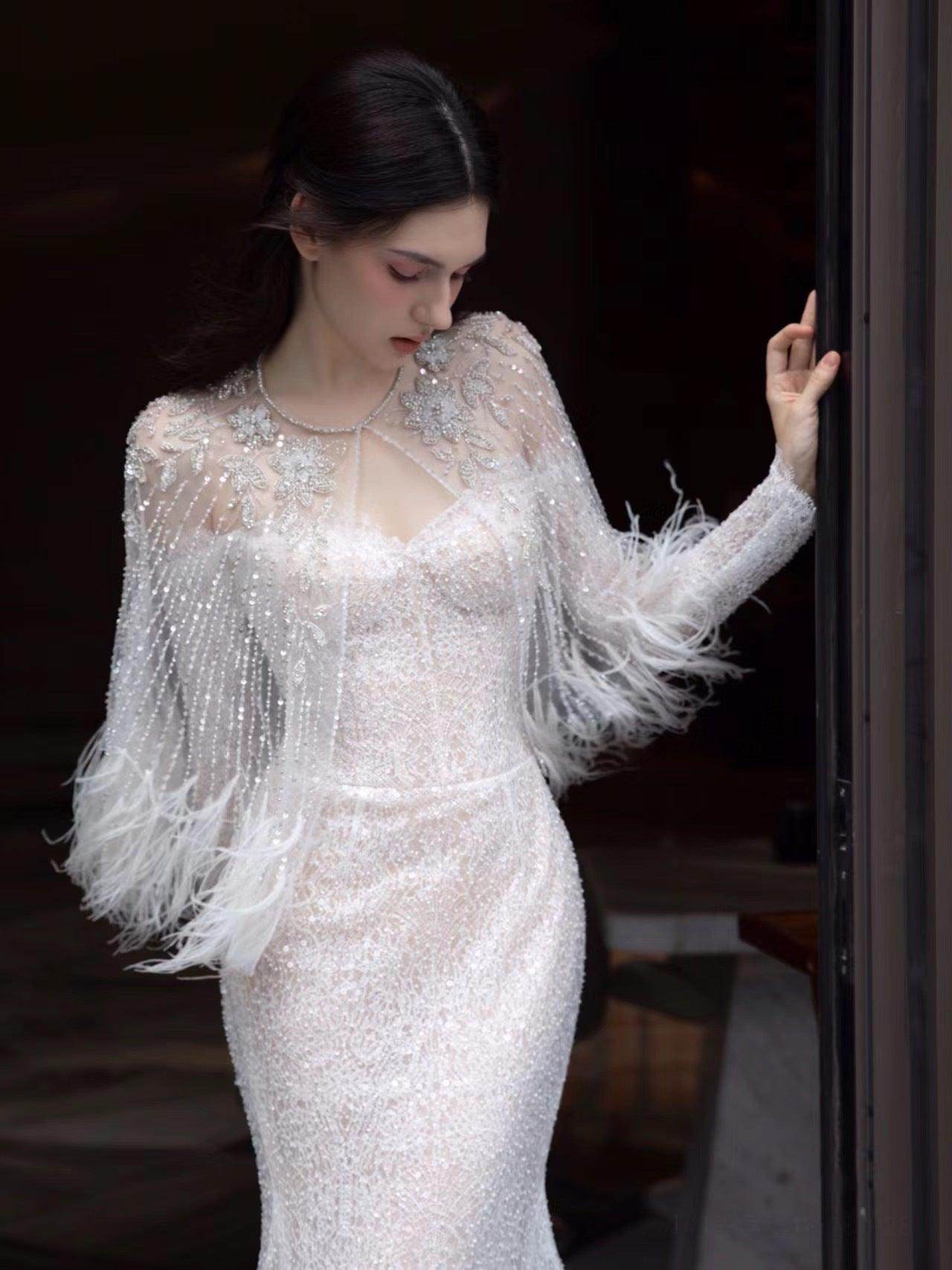 Annual Meeting Mermaid Heavy Industry Feather Dress - Magellan Fashion Shop