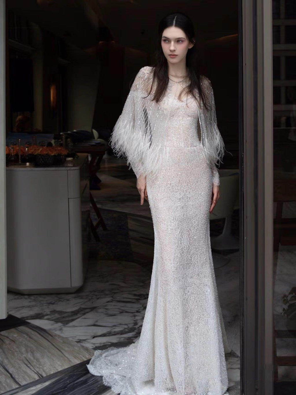 Annual Meeting Mermaid Heavy Industry Feather Dress - Magellan Fashion Shop