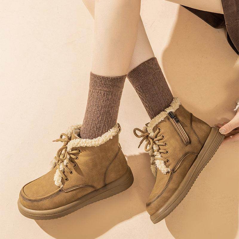 Lace-up Plush Snow Boots Winter Warm Fleece Flat Shoes For Women Fashion Casual Ankle Boot - Magellan Fashion Shop