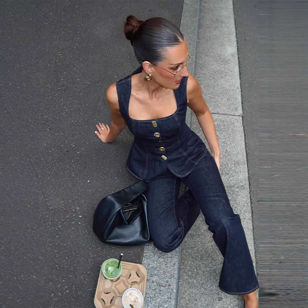 Women's Fashion Casual Single-breasted Denim Vest Pants - Magellan Fashion Shop