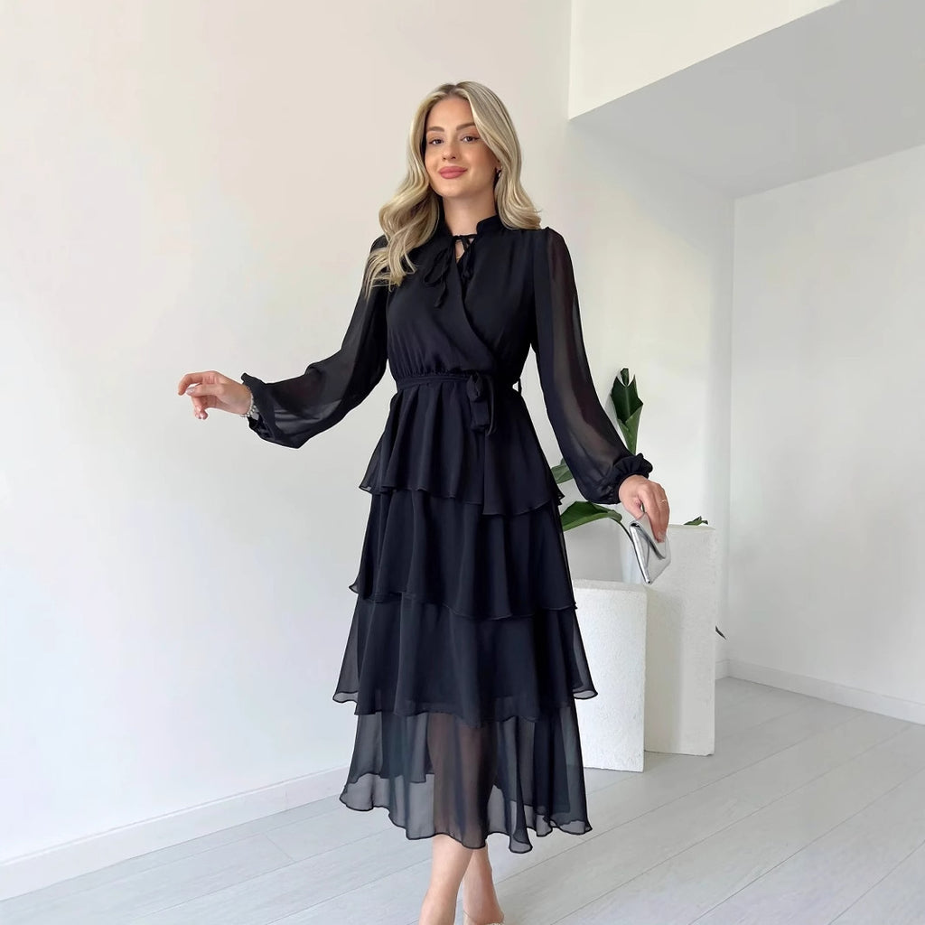 Solid Color Long Sleeve Lace-up Elegant Dress - Magellan Fashion Shop