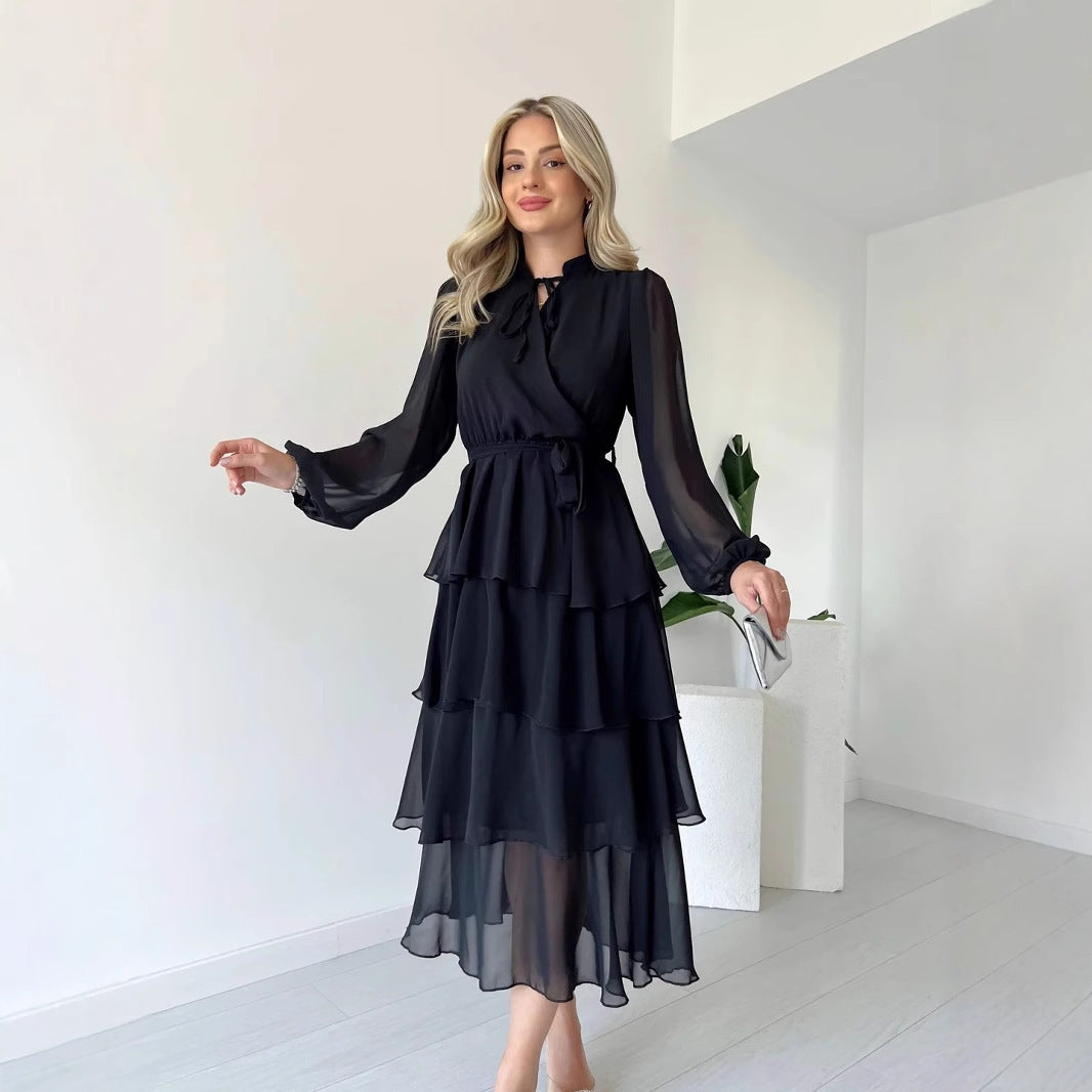 Solid Color Long Sleeve Lace-up Elegant Dress - Magellan Fashion Shop