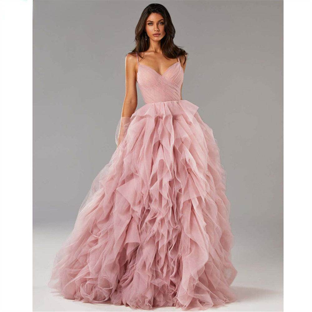 Evening Gown Prom Irregular Spaghetti-strap Mesh Long Dress - Magellan Fashion Shop