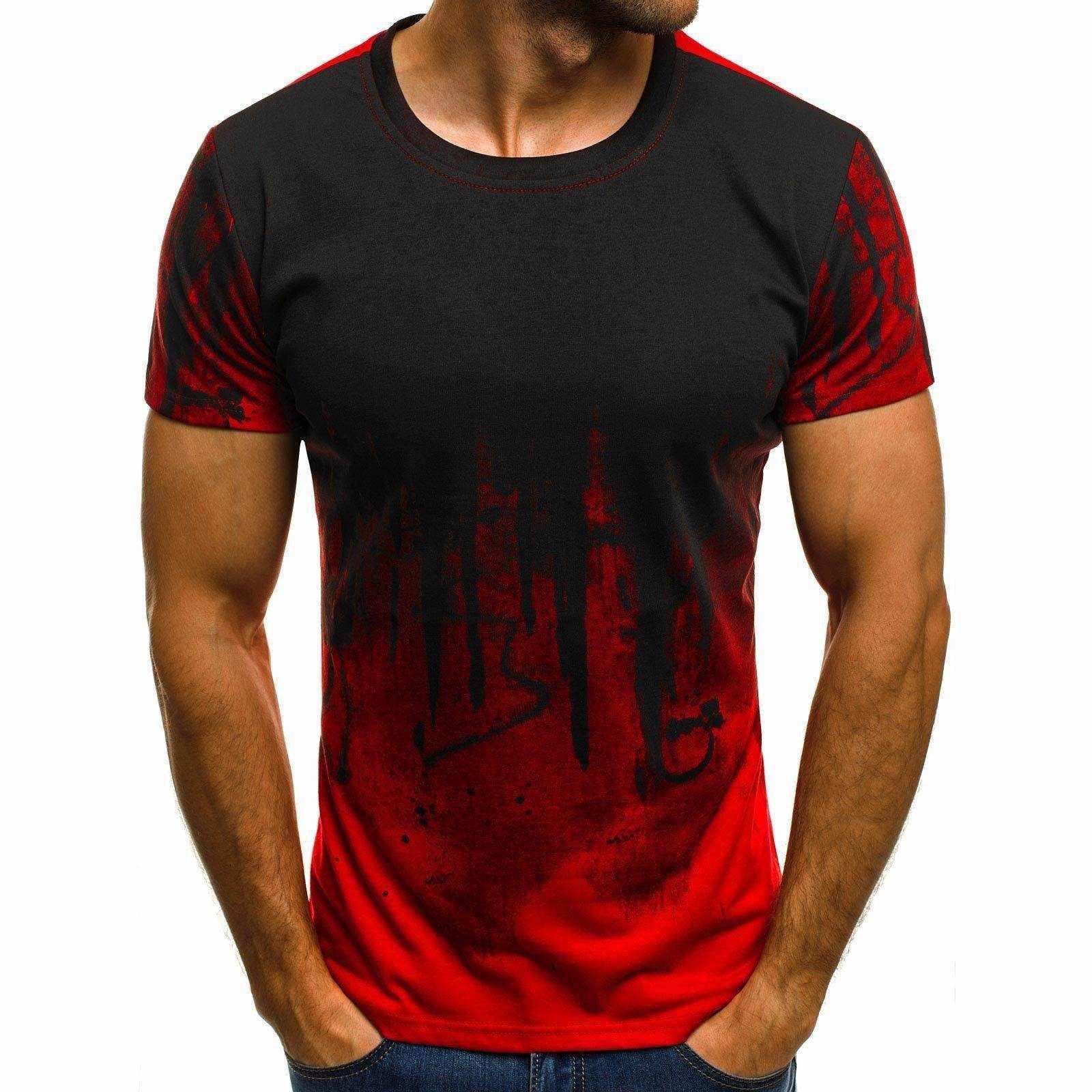 Men fitness compression t-shirt with black and red gradient camouflage design for sports and casual wear