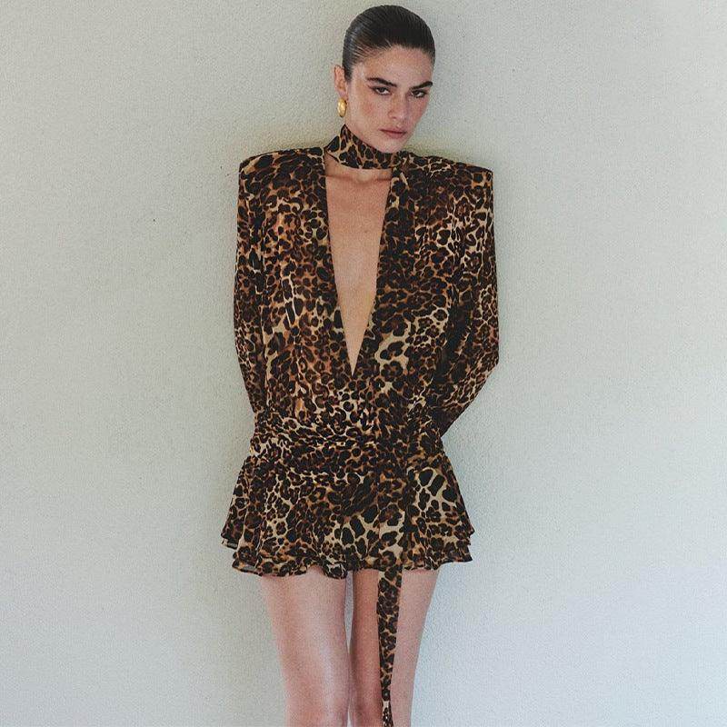 Fashion Women's Wear Vintage Leopard Print Deep V Dress - Magellan Fashion Shop