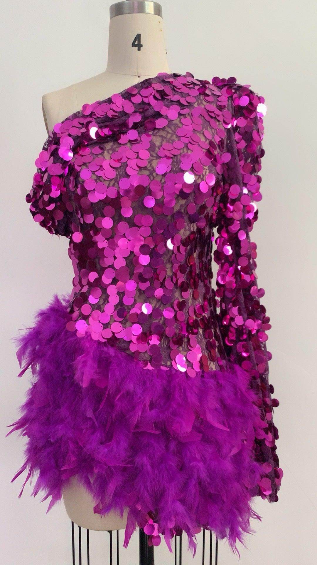 Sequined Feather Skirt One-shoulder Sleeve Short Dress Luxury Party Stage Performance Dress - Magellan Fashion Shop