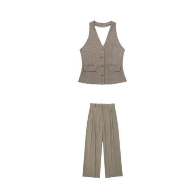 Pleated Wide Leg Pants Backless Hanging Collar Vest - Magellan Fashion Shop
