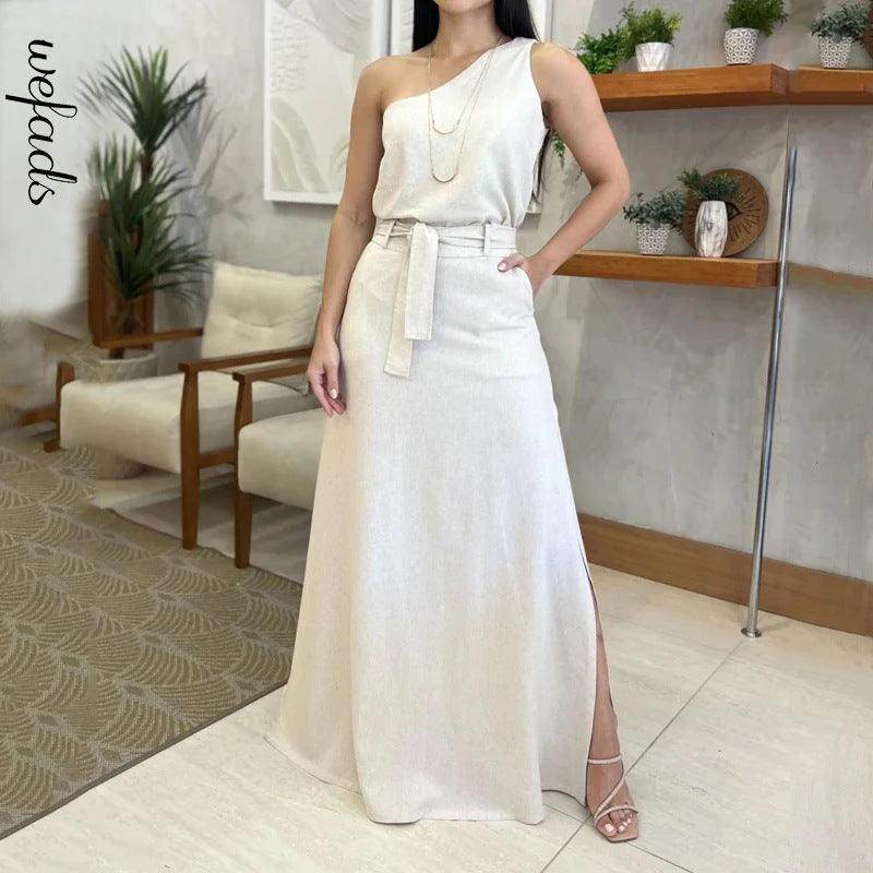 Summer New Solid Color Sleeveless Top High Waist Slit Long Dress - Magellan Fashion Shop
