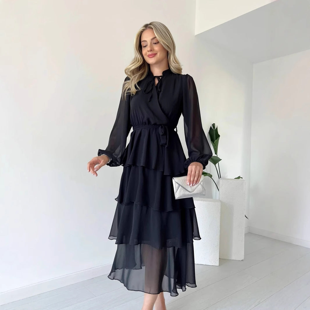 Solid Color Long Sleeve Lace-up Elegant Dress - Magellan Fashion Shop