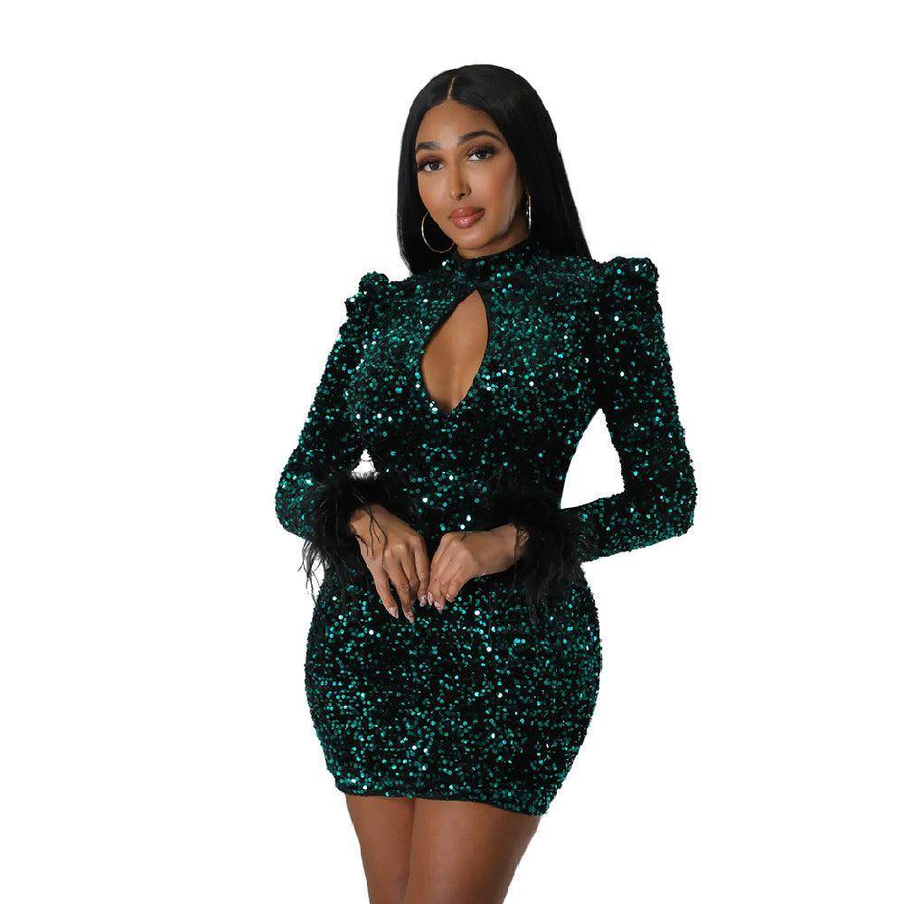 Out Long Sleeve Feather Backless Sexy Cutout Sequins Nightclub Dress - Magellan Fashion Shop