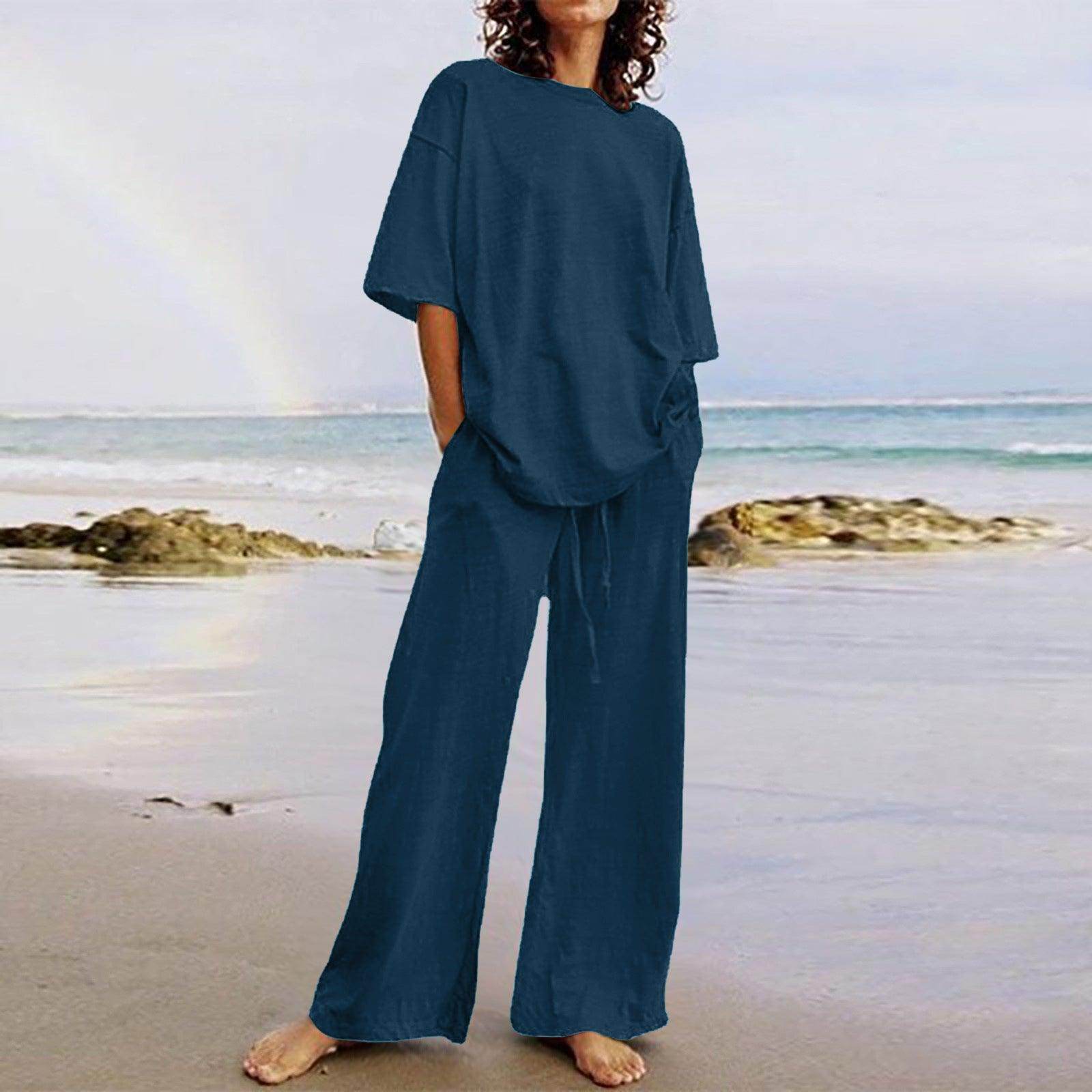 Cotton And Linen Home Solid Color Two-piece Suit - Magellan Fashion Shop