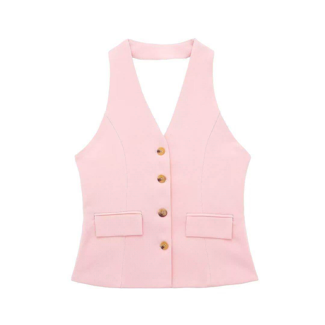 Pleated Wide Leg Pants Backless Hanging Collar Vest - Magellan Fashion Shop