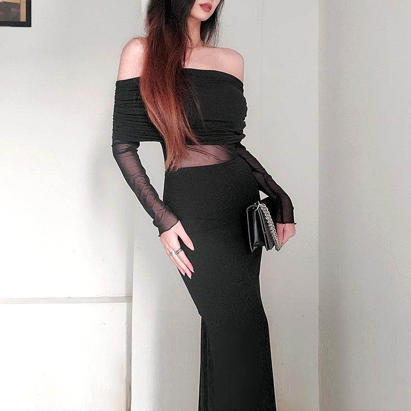 Women's Winter Sexy Off-the-shoulder Pleated Long Sleeve Polyester Dress - Magellan Fashion Shop