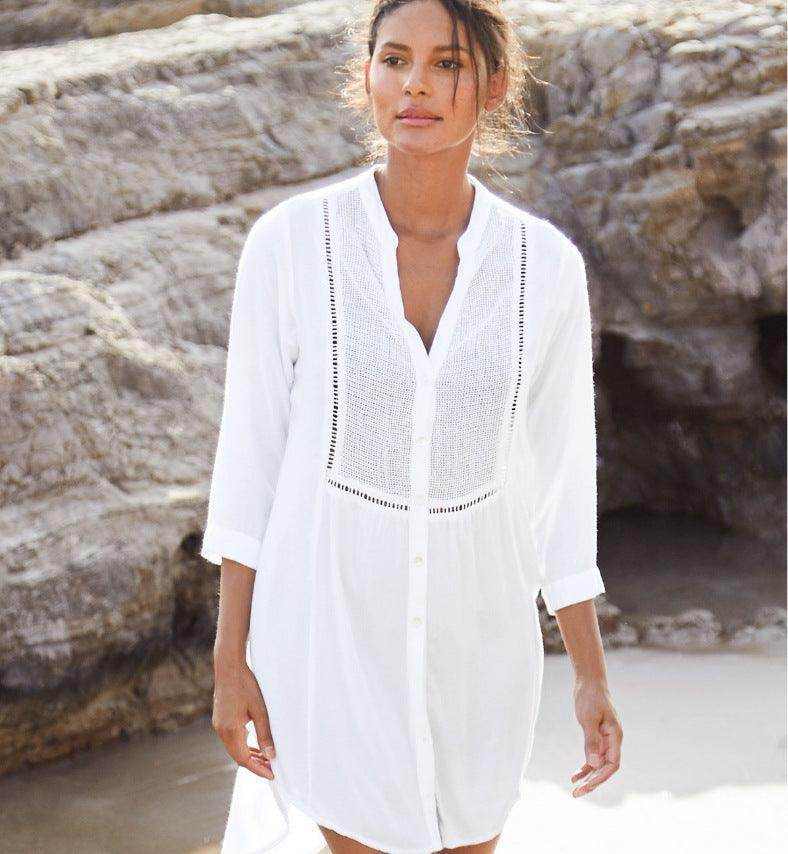 Plaid mesh button shirt beachwear - Magellan Fashion Shop