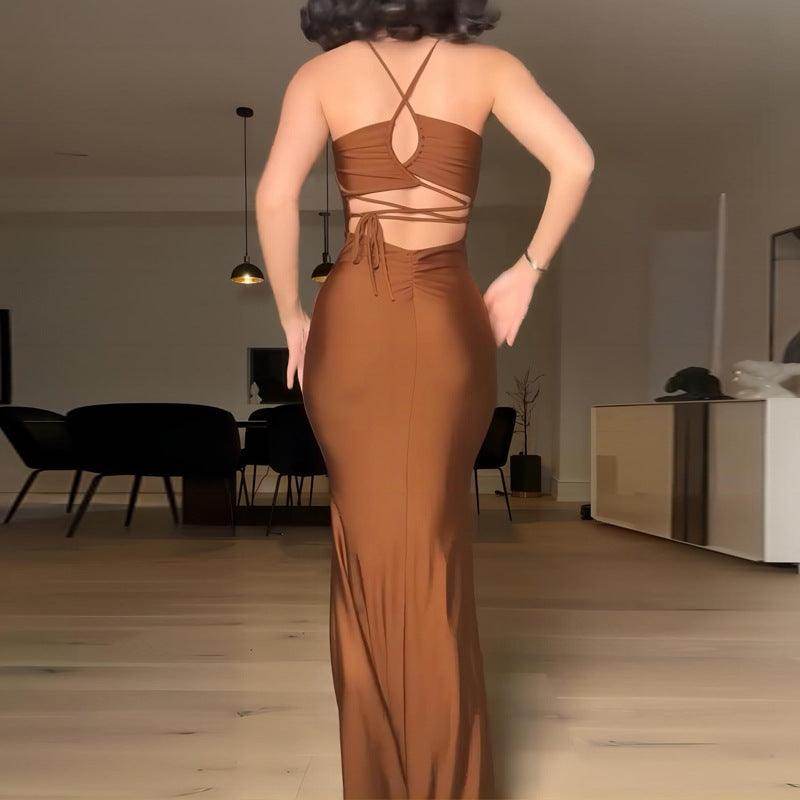 Pure Color Tube-top Backless Stitching Hollow Out Tied Slim Fit Dress - Magellan Fashion Shop