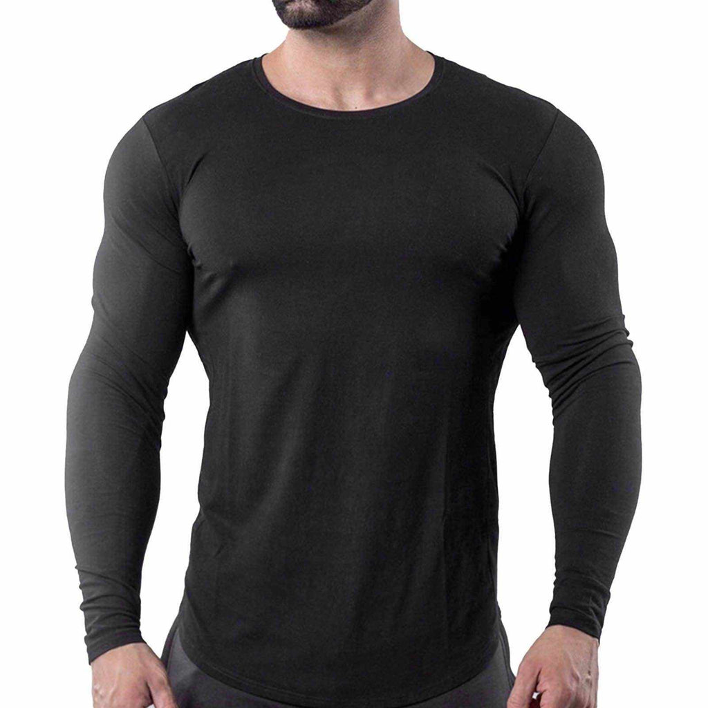 Men tight top black long sleeve elastic quick drying cotton blend fitness shirt XXL