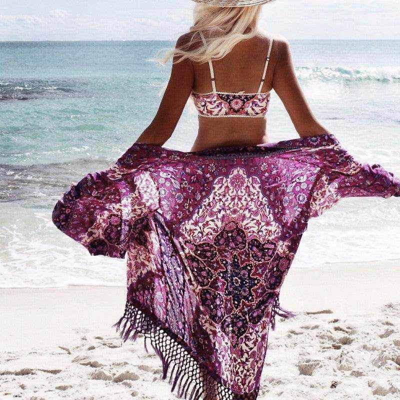 Chiffon Beach Resort Wear purple floral bikini set with lightweight, breathable fabric for elegant beach style